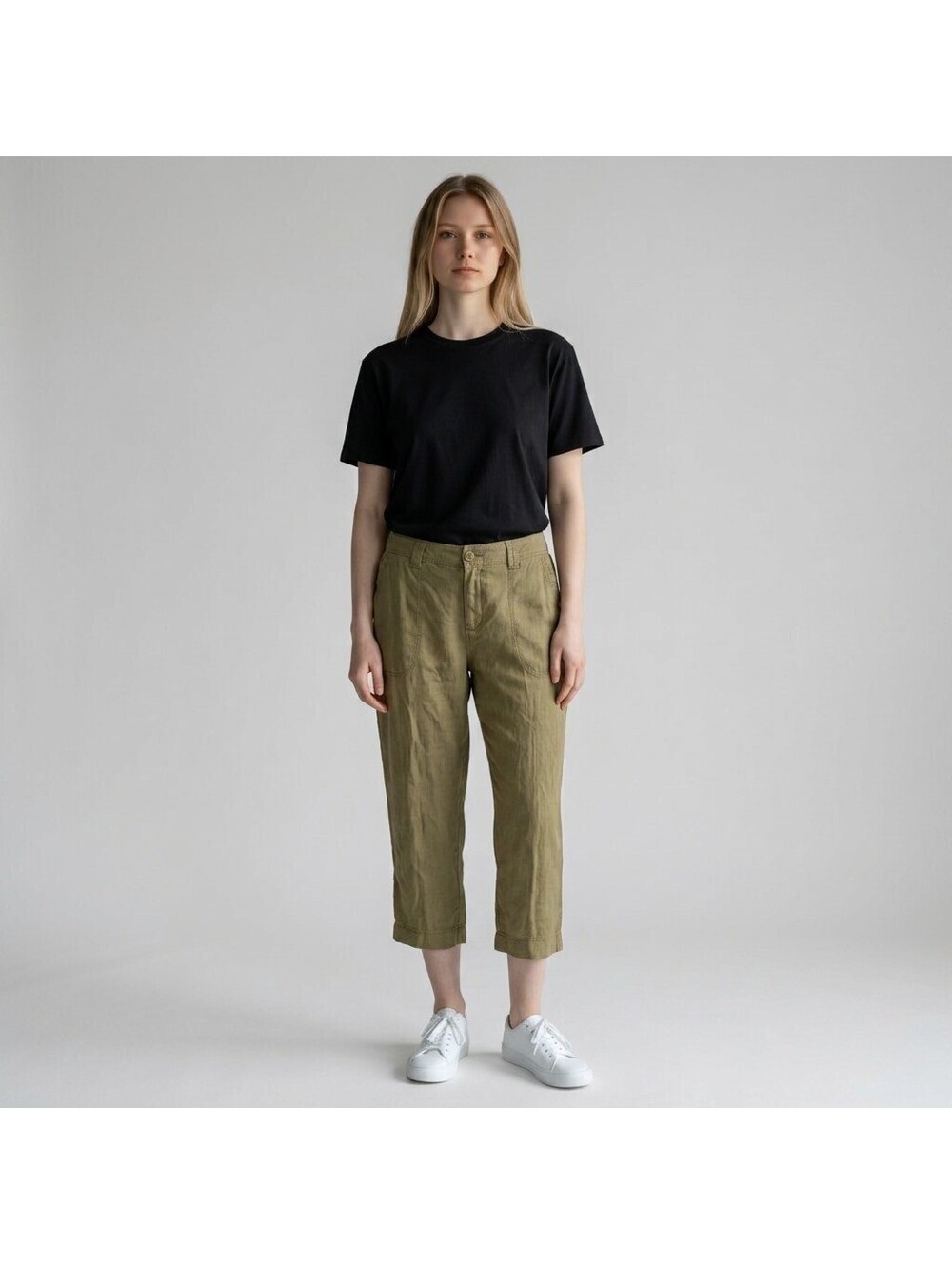 St. John's Bay Cropped Pants Women 12 Gray Linen High Rise Flat Front Pockets